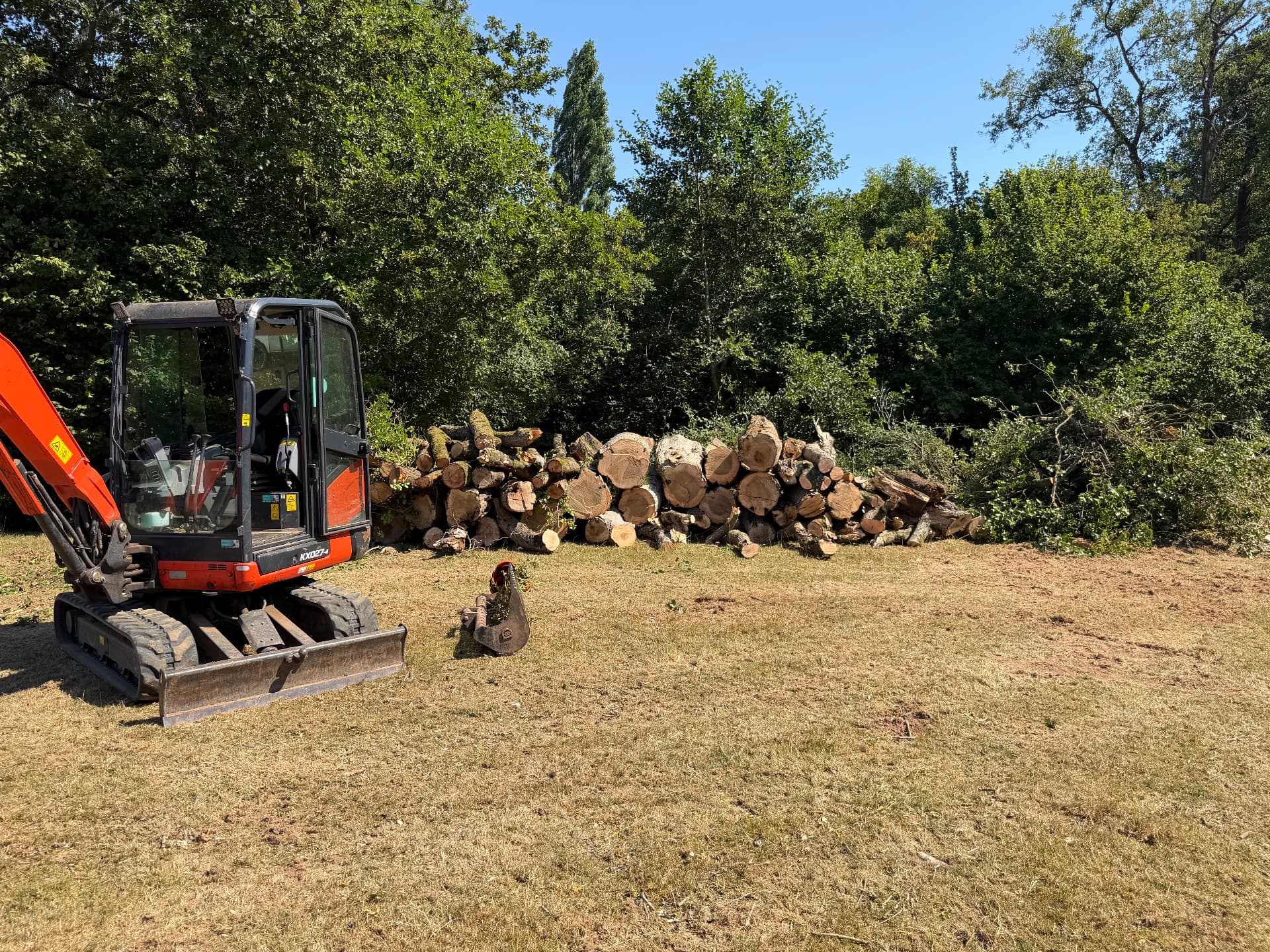 Kubota mini digger and stacked cut timber after tree clearance in Devon